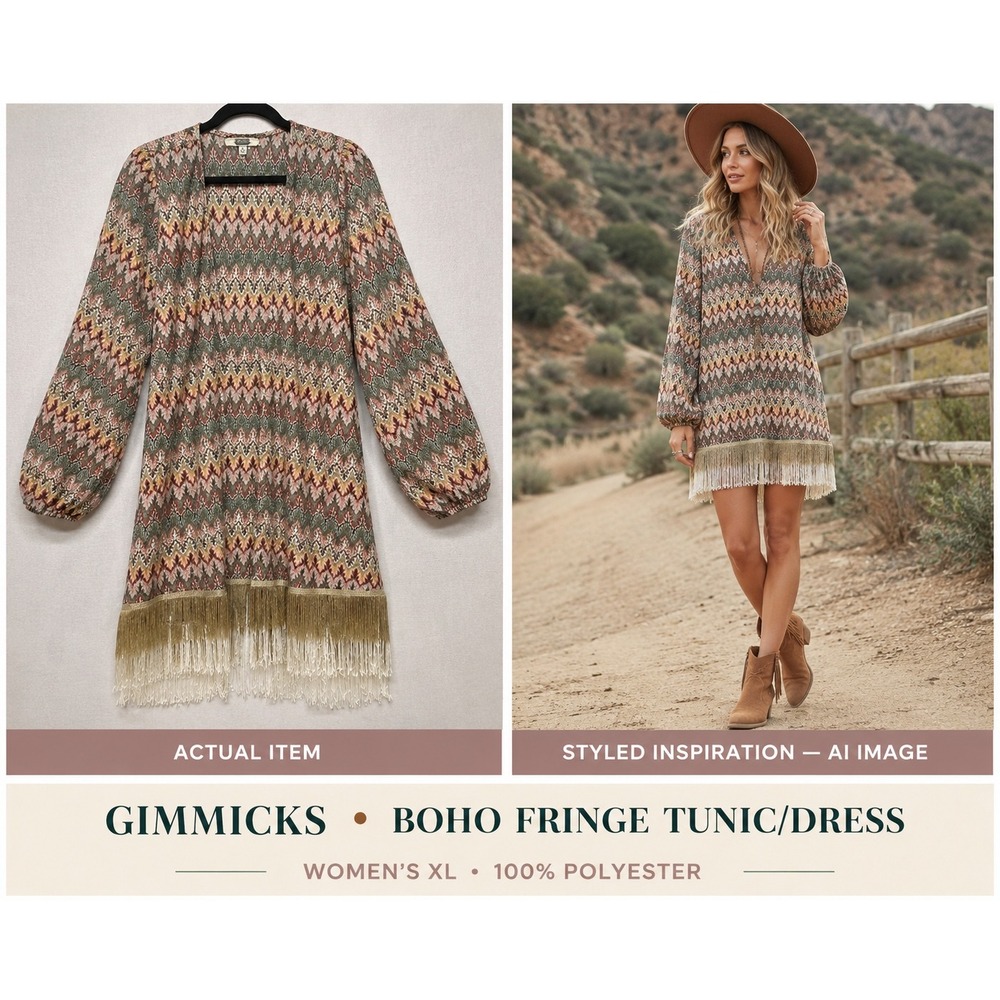 Gimmicks by BKE Zig Zag Jacquard Metallic Fringe Kimono Boho Cardigan XL Buckle